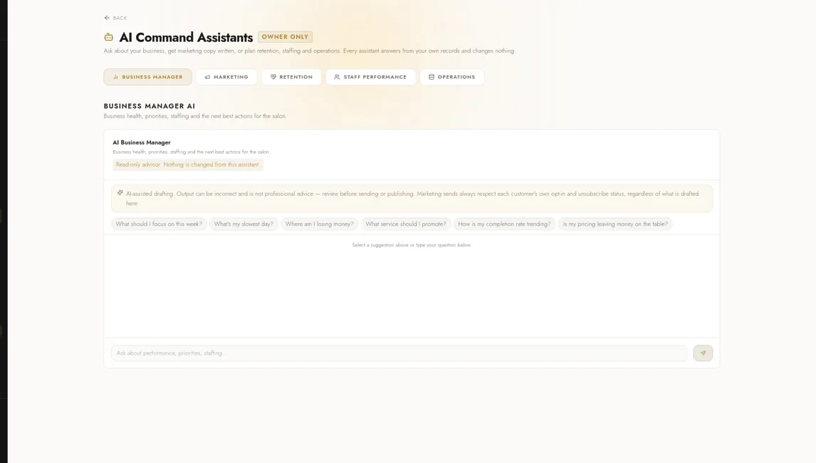AI Command Assistants panel from the Beauty Gallery owner portal