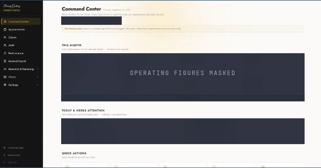 Beauty Gallery owner portal — Command Center (operating figures masked)