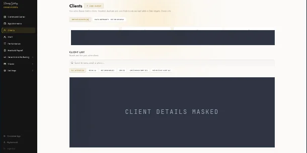 Beauty Gallery owner customer records interface with personal details permanently masked