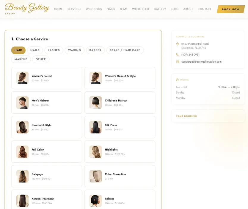 Beauty Gallery live booking menu with services and prices
