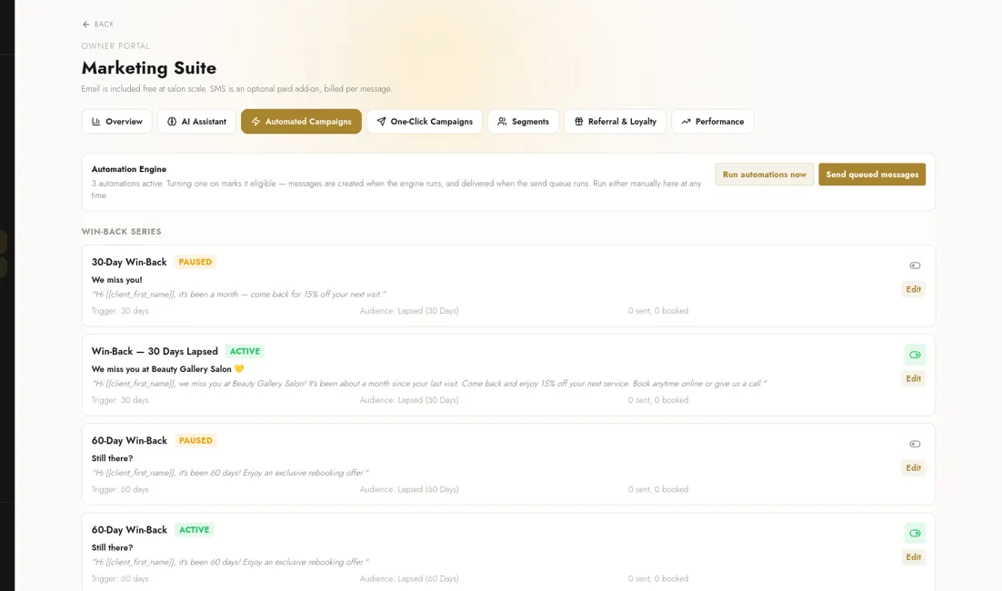 Beauty Gallery owner portal — Marketing Suite, showing automated win-back campaigns