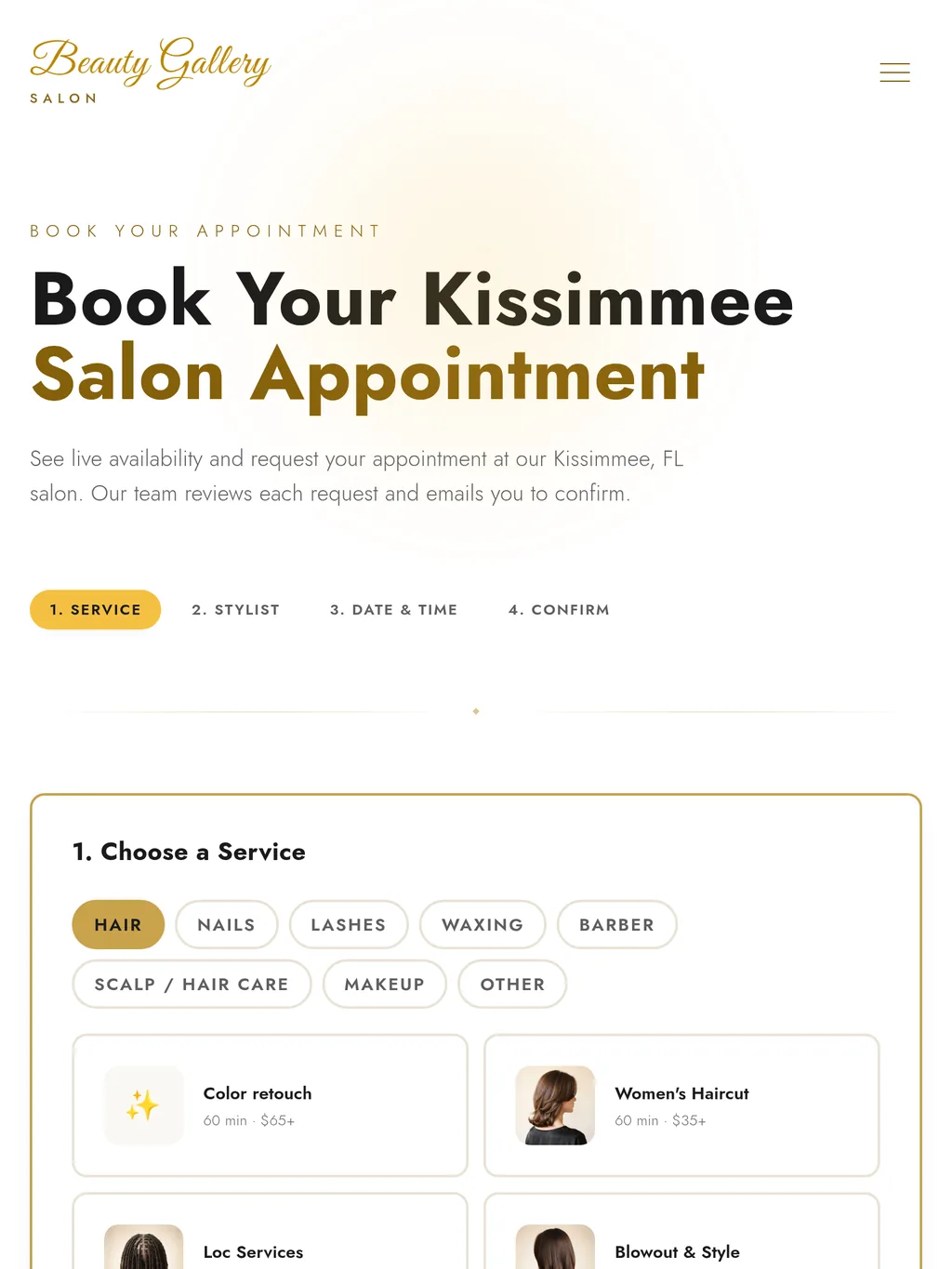 Beauty Gallery booking entry at tablet width