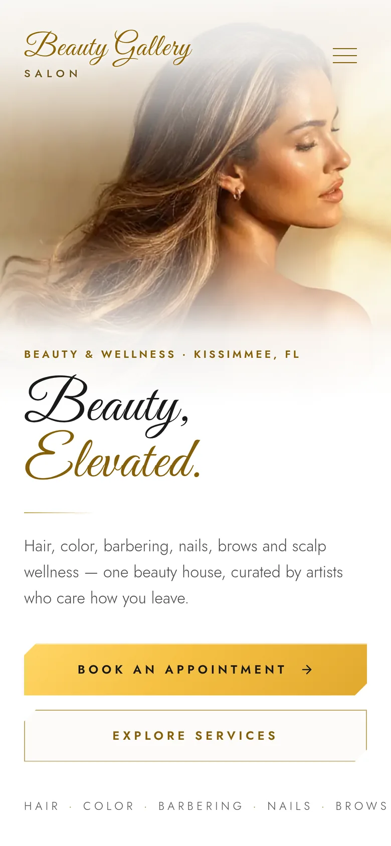 Beauty Gallery public website at phone width