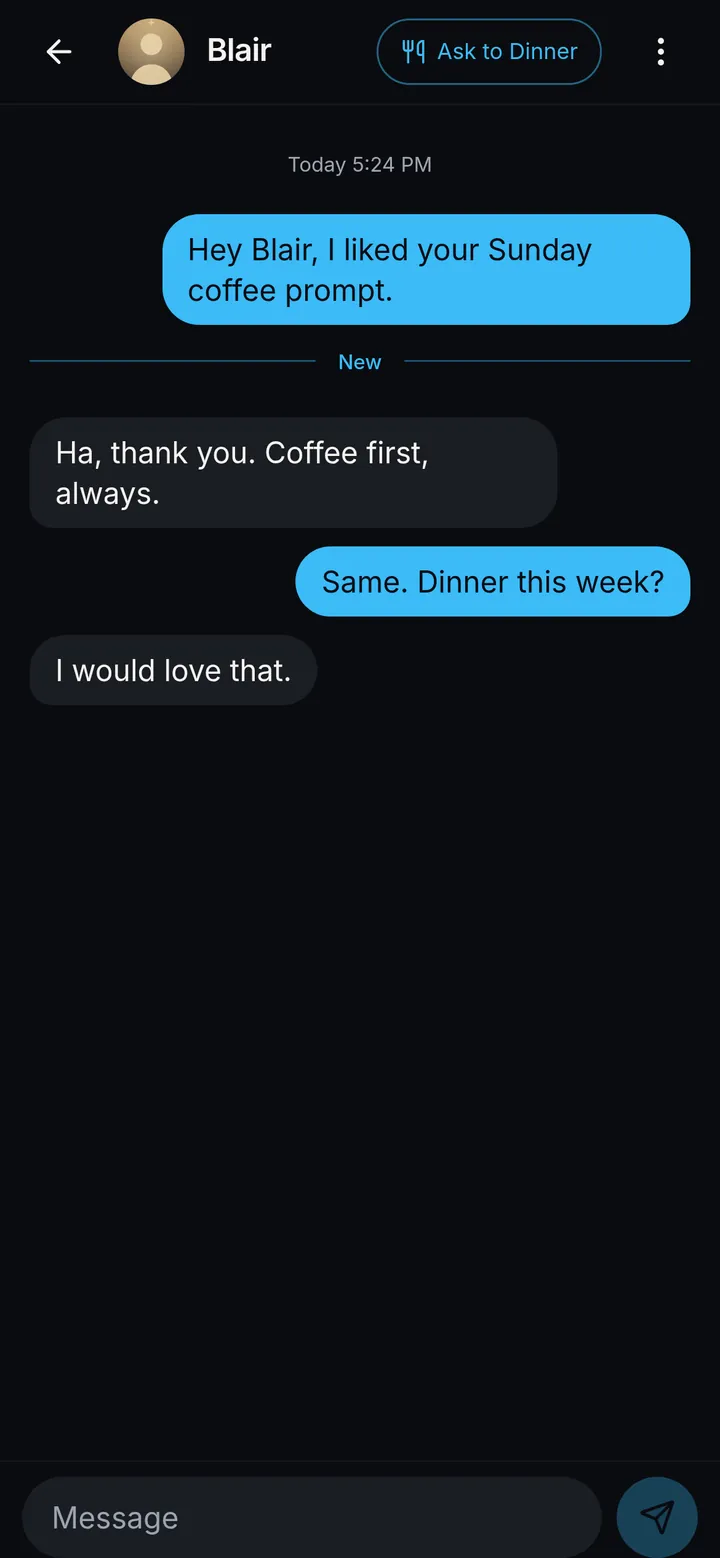 Dinner Dating chat with an Ask to Dinner button
