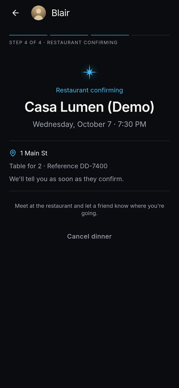 Dinner Dating screen while the restaurant confirms