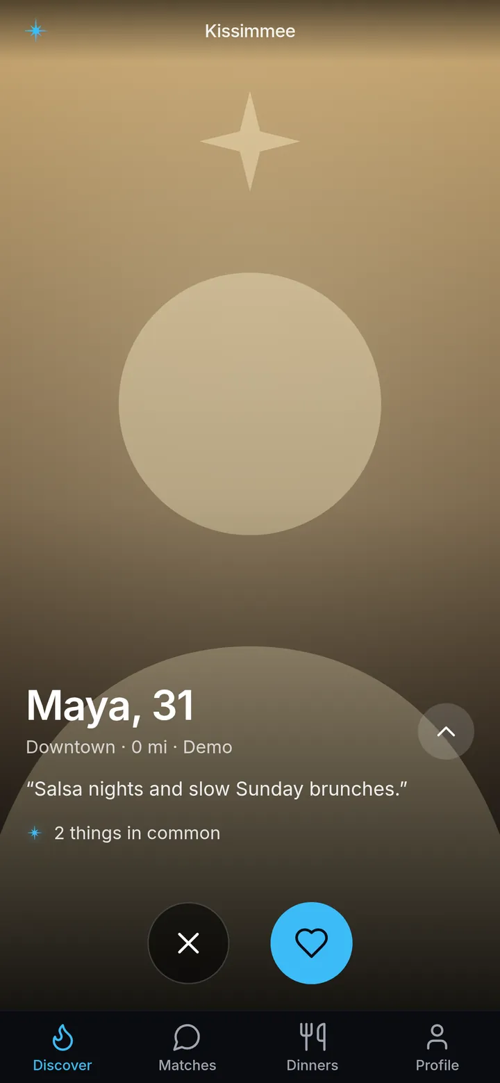Dinner Dating discover screen showing a profile