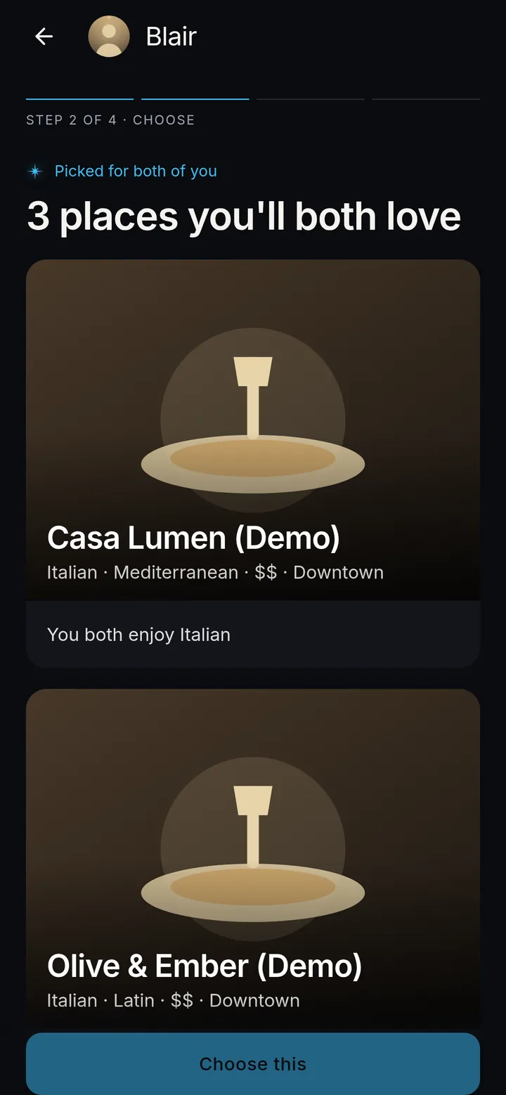 Dinner Dating screen: three places you will both love