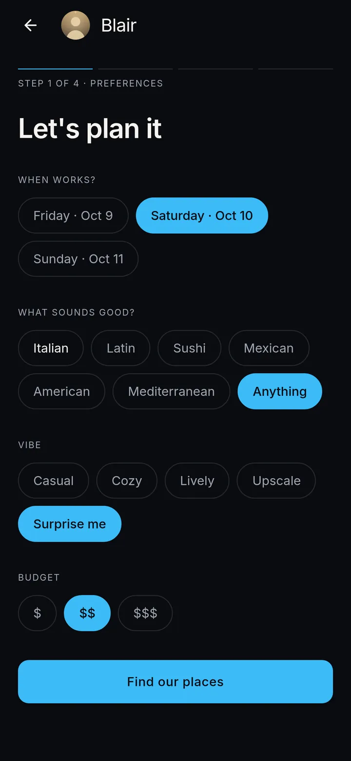 Dinner Dating screen: Let's plan it, choose a day and time