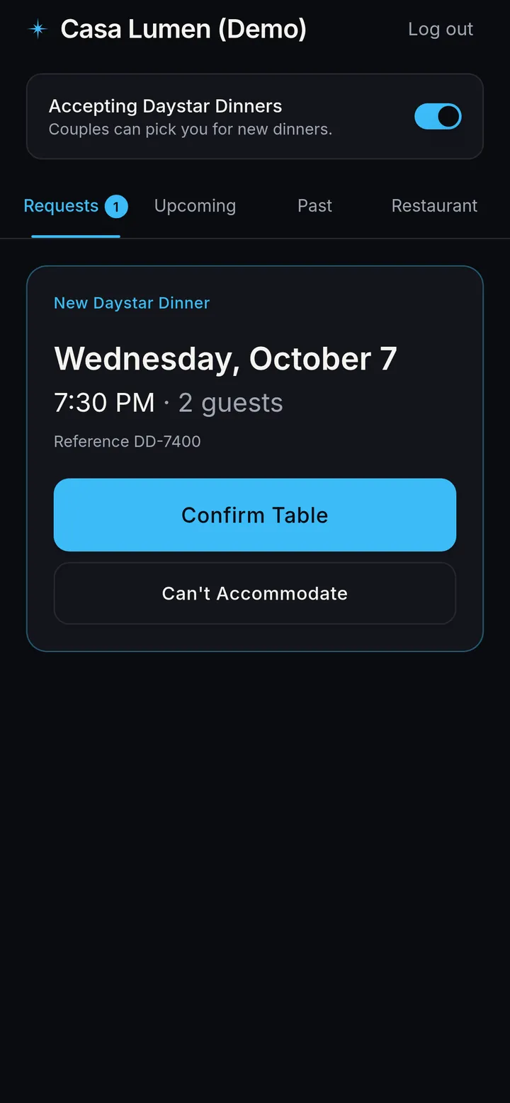Dinner Dating restaurant portal with a Confirm Table button