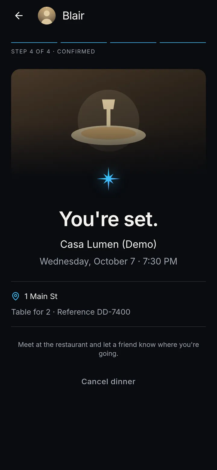 Dinner Dating screen: you are set, your table is confirmed