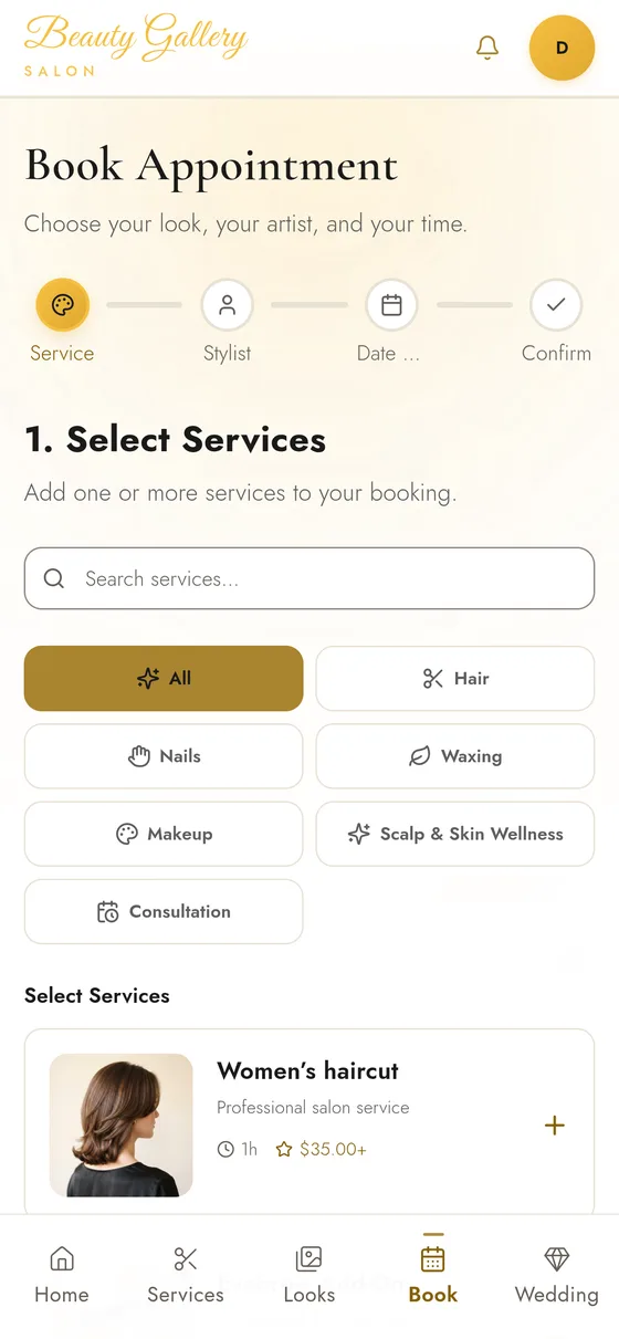 Beauty Gallery booking flow: select services, stylist, date and confirm