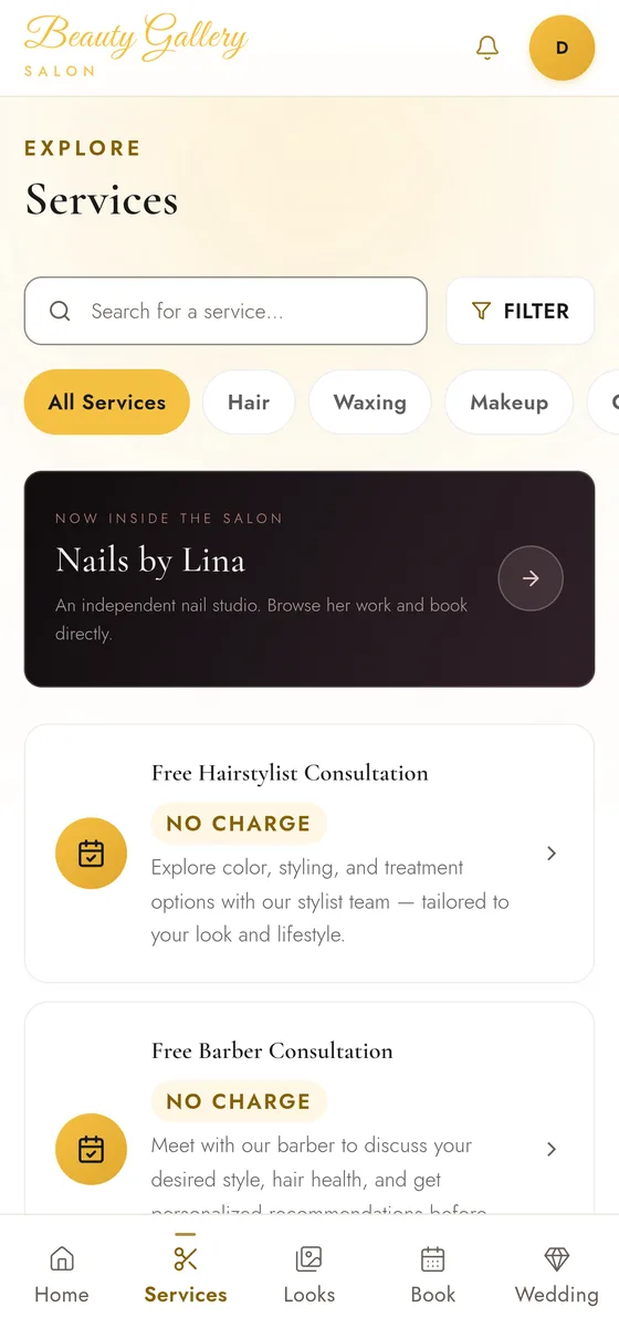 Beauty Gallery services list with consultations and categories