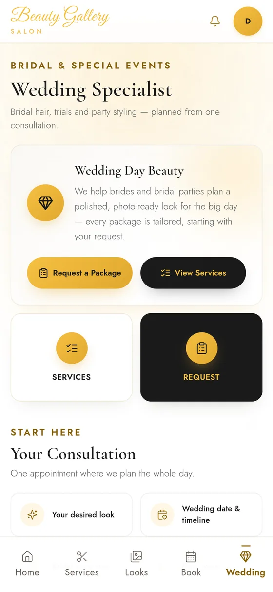 Beauty Gallery bridal and special events request screen